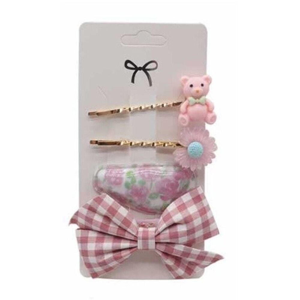 Hair pins fashion bear flower ribbon hair pin 4PC set Pink anime LA Comic Con